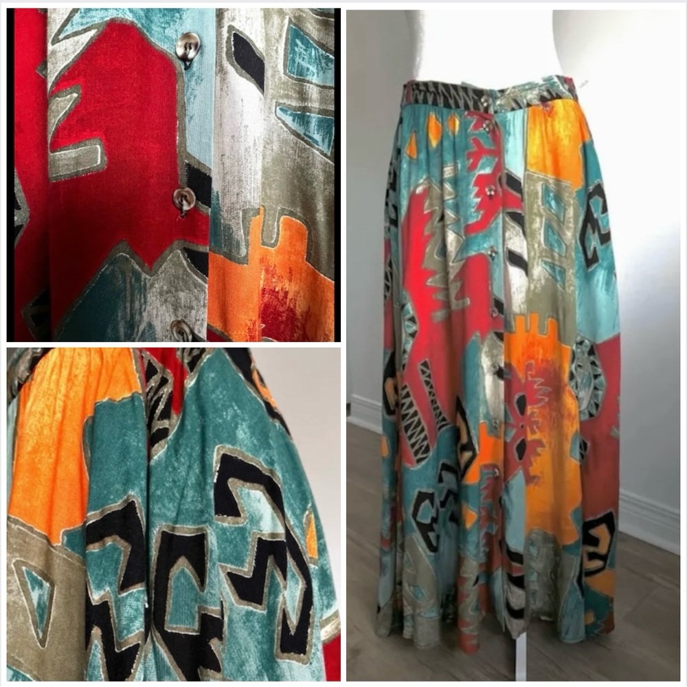 🇨🇦 Vintage 90s Abstract Art Midi Skirt – Teal Red Orange• Suttles & Seawinds - Picture 16 of 16